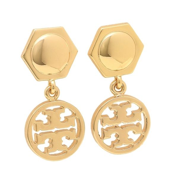 TORY BURCH • Gold Hexagon Logo Drop Earrings - Picture 3 of 8